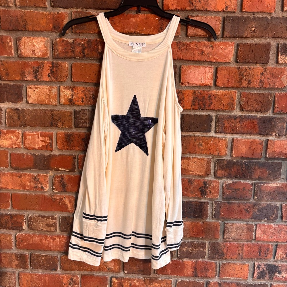 Venus womens cold shoulder long sleeve top with sequined star cream/blue XS